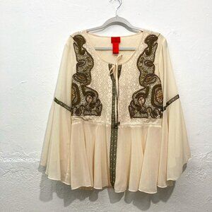 V Cristina Embellished Tunic Blouse Long Bell Sleeve Embroidered Beige Lace L
